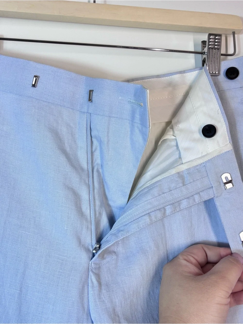 New REISS Men’s Kin Soft Blue 100% Linen Slim Fit Side Adjuster Trousers Size 32
